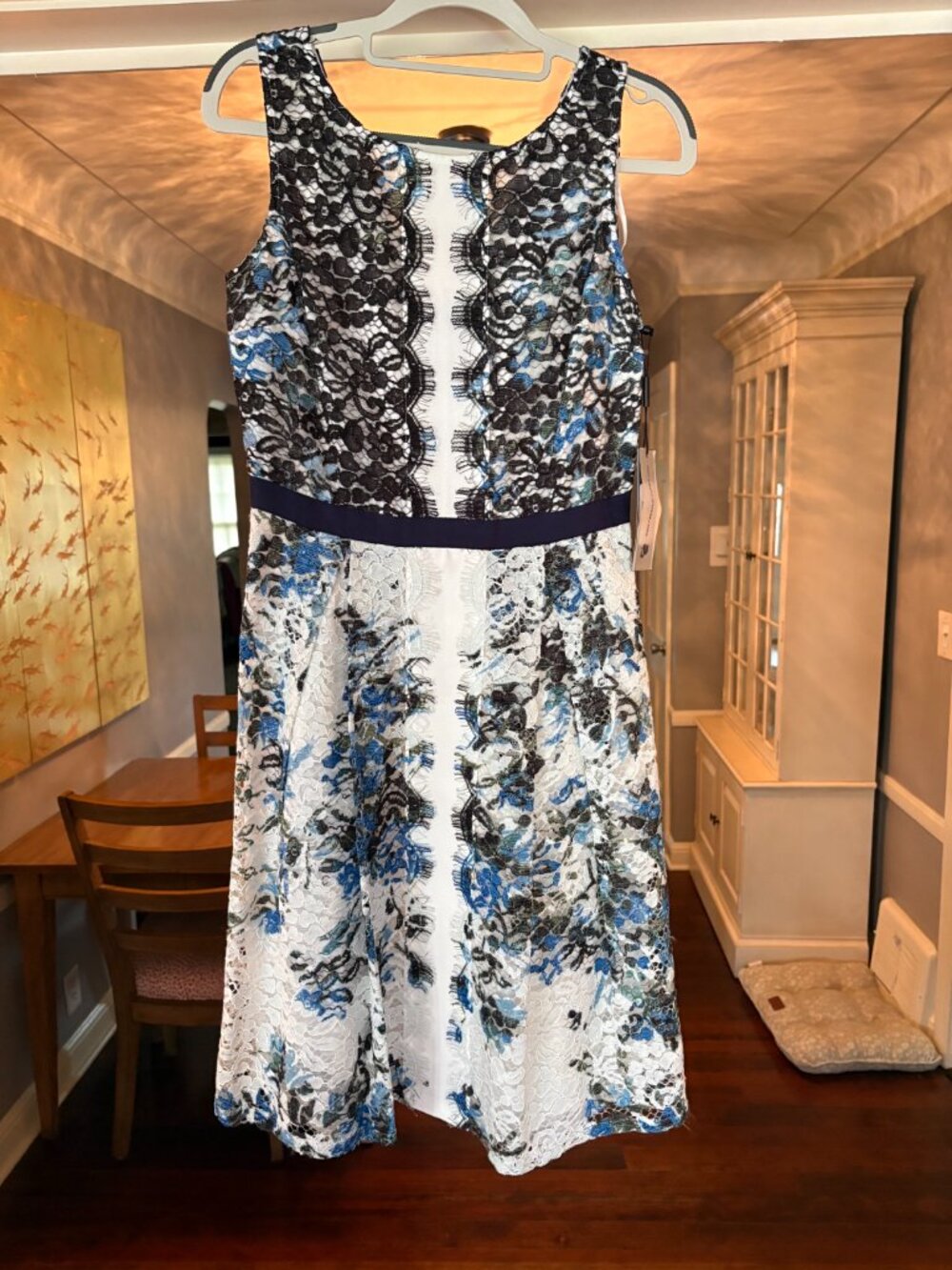 NWT Karl Lagerfeld Paris Blue/Black/White Lace Fringe Floral Midi Dress. Size 2